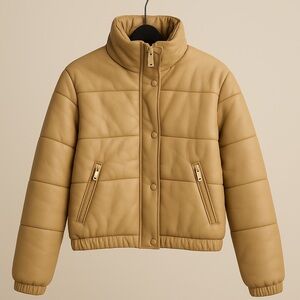 SOLD ❌ $220 GUESS Tan Khaki Faux Leather Puffer Jacket Med